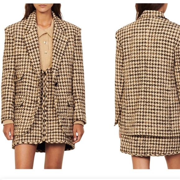 NWT SANDRO Esther Houndstooth Tweed Blazer Jacket Brown Tan sz 38 sz 8 reg $640 - Picture 6 of 15